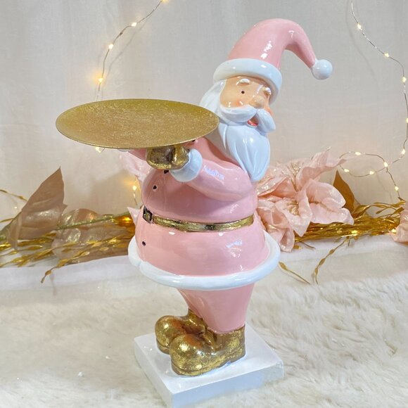 Other - Christmas Holiday Pink Gold Santa Holding Serving Tray Display Stand NEW